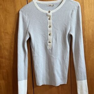 Faherty Brand, Light Blue Henley Long Sleeve Top, 95% cotton; 5% cashmere.